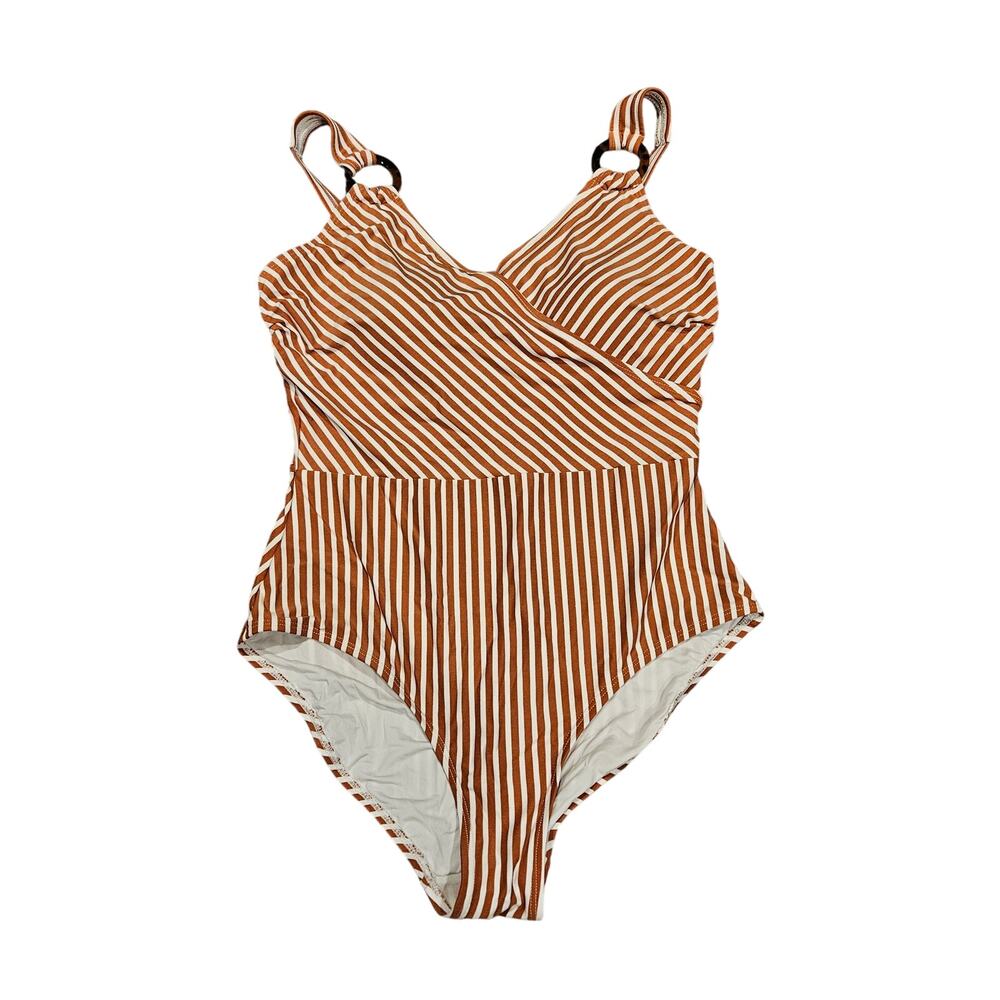 Niptuck striped swimsuit womens sz 8 lined padded brown camel cream one peice